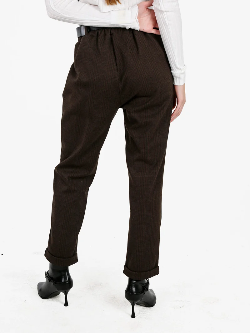 Pantaloni donna pied de poule con cintura e risvolto finale - moro