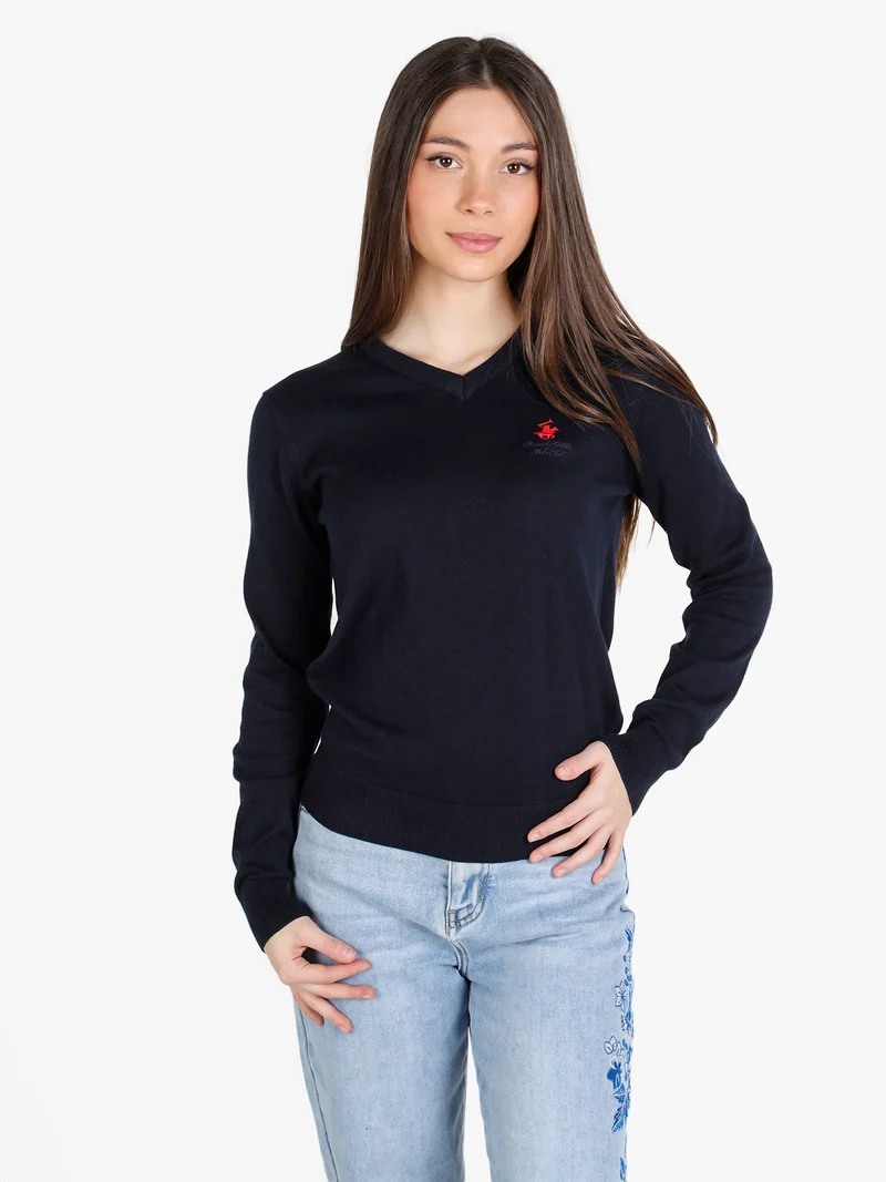 Pullover donna in cotone scollo V - blu scuro