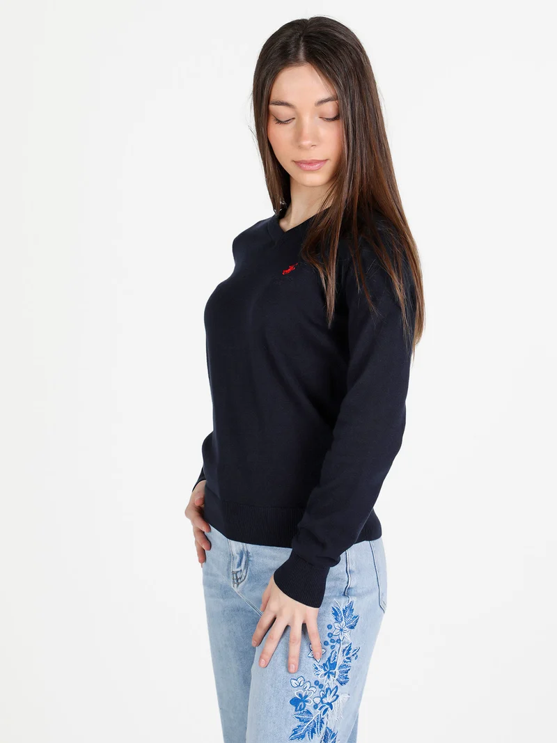 Pullover donna in cotone scollo V - blu scuro