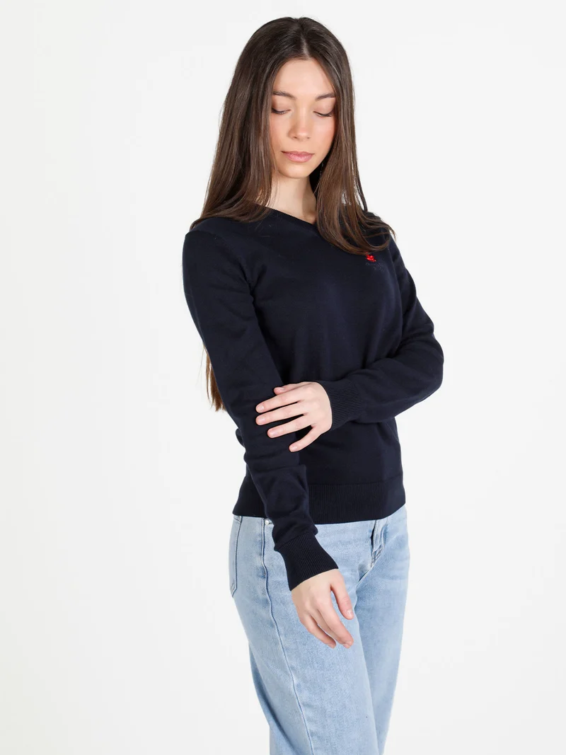 Pullover donna in cotone scollo V - blu scuro