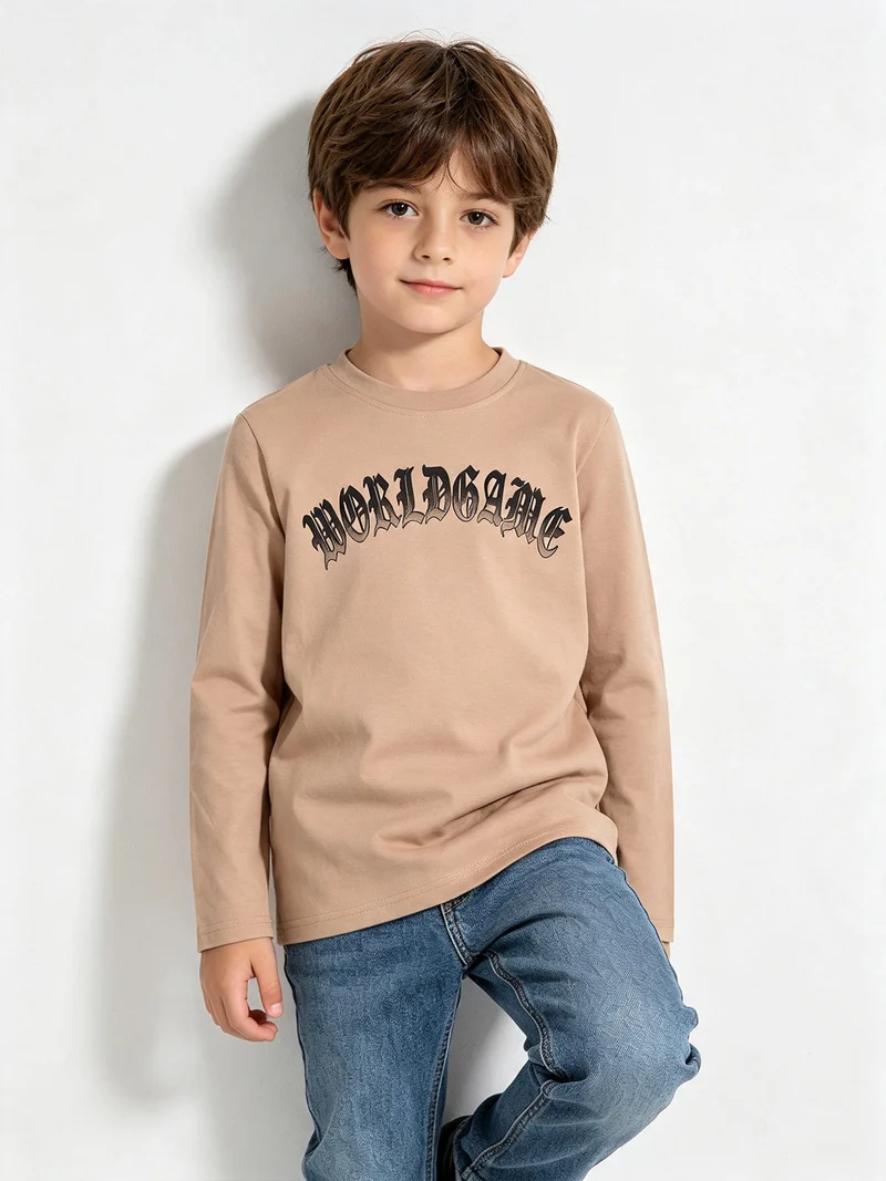 T-shirt da ragazzo a maniche lunghe con stampa sul retro - khaki