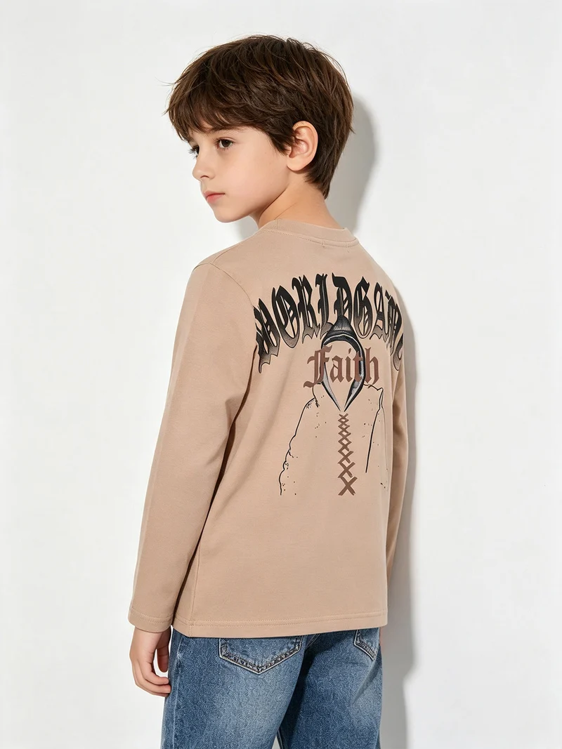 T-shirt da ragazzo a maniche lunghe con stampa sul retro - khaki