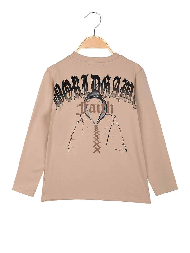 T-shirt da ragazzo a maniche lunghe con stampa sul retro - khaki