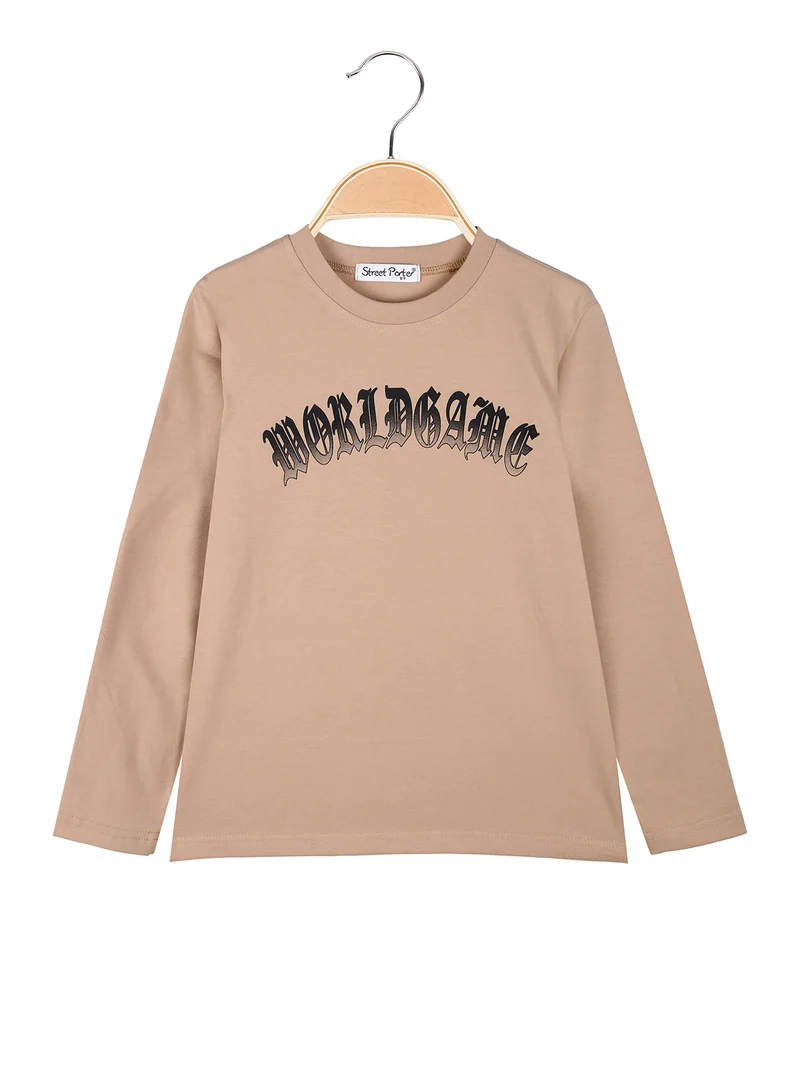 T-shirt da ragazzo a maniche lunghe con stampa sul retro - khaki