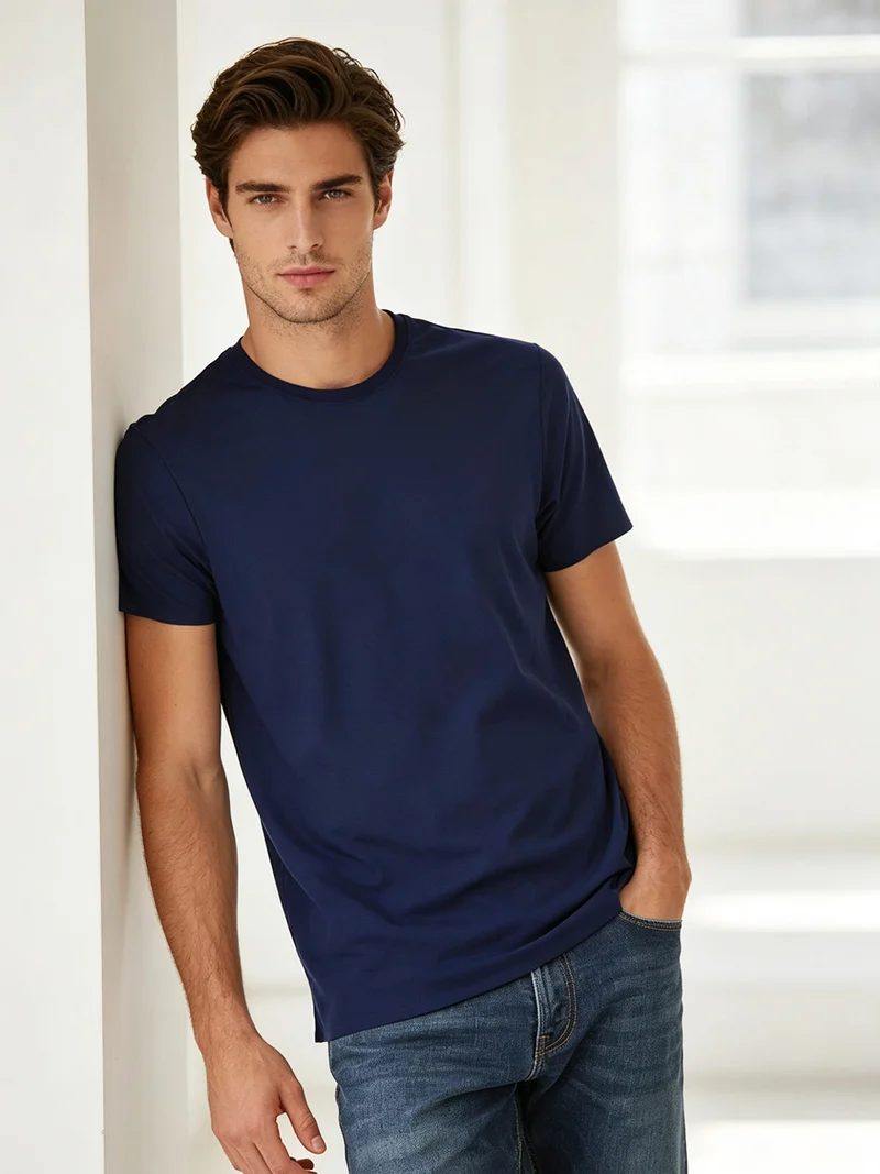 T-shirt girocollo da uomo in tessuto tecnico traspirante - blu scuro