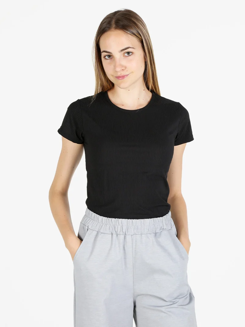 T-shirt donna girocollo a costine - nero