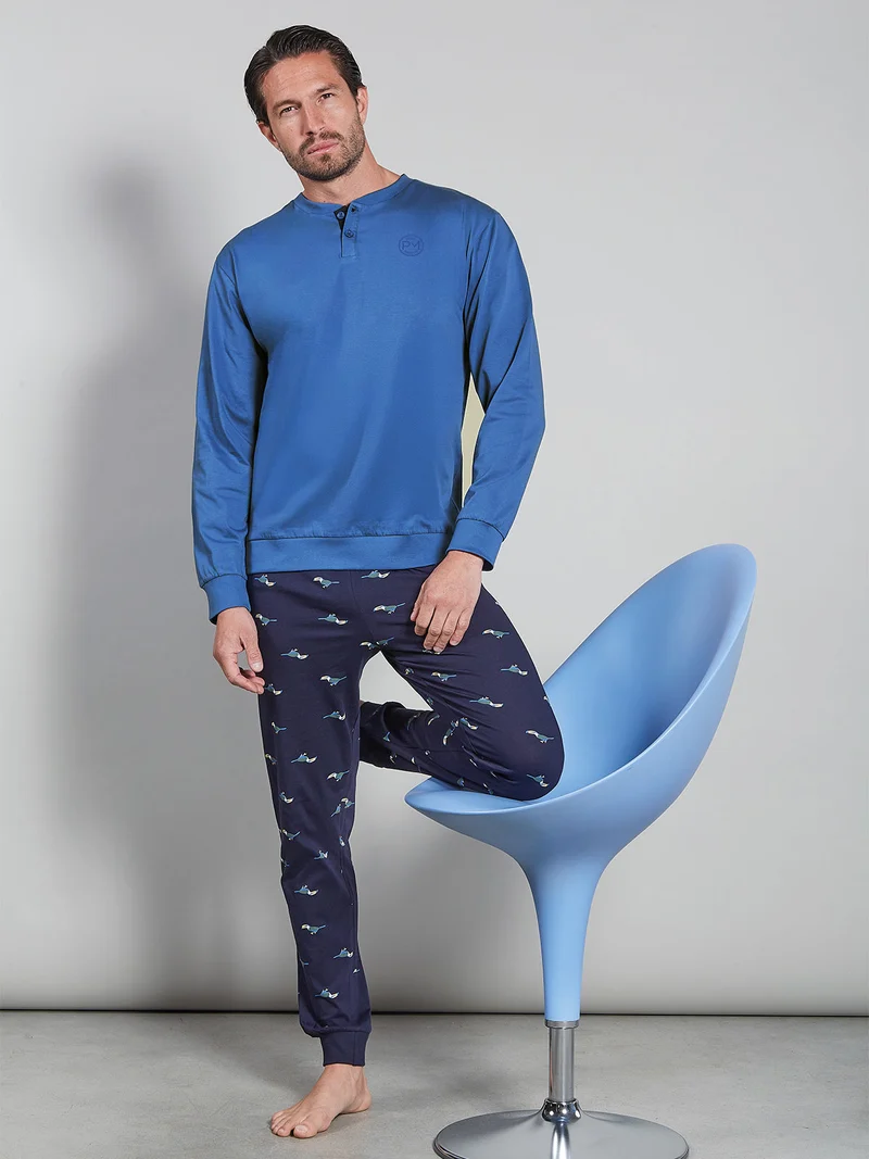 Pigiama lungo da uomo in cotone naturale - jeans