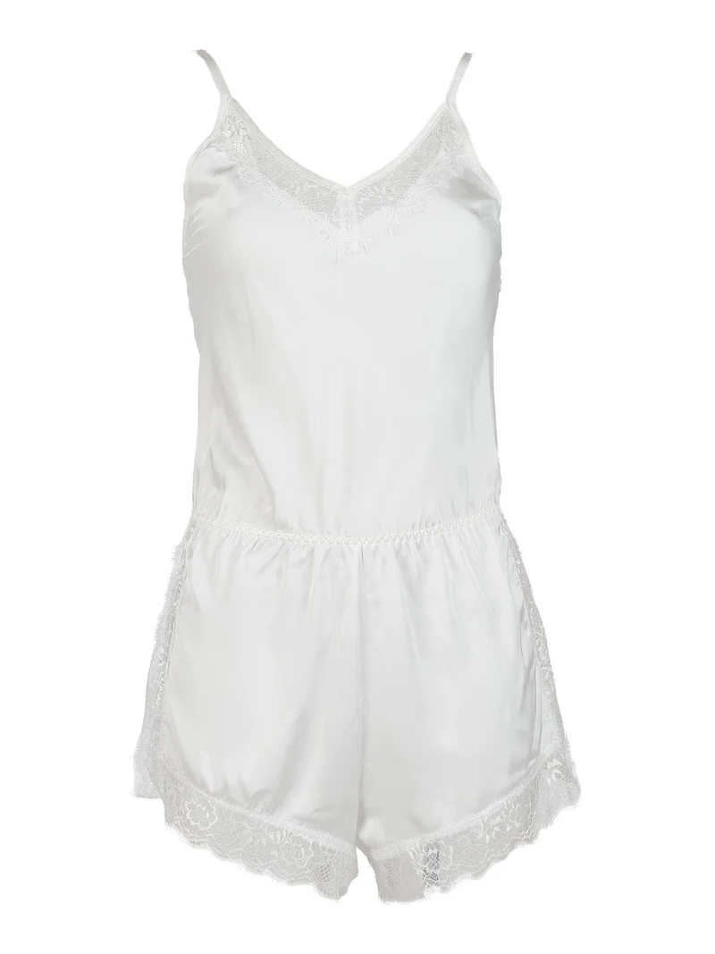 Pigiama tuta donna effetto raso con pizzo - bianco