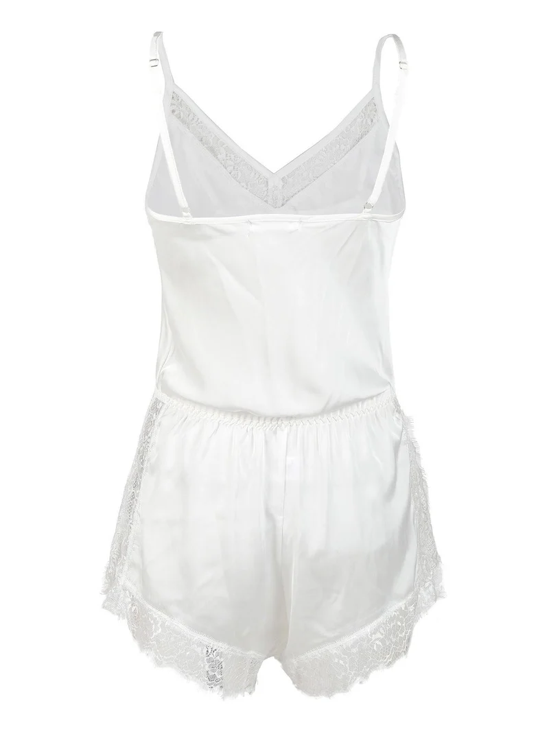 Pigiama tuta donna effetto raso con pizzo - bianco