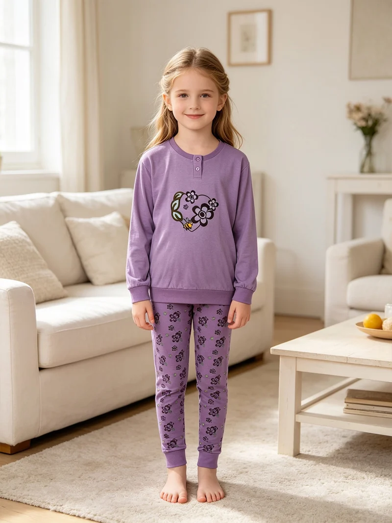 Pigiama lungo da bambina in cotone - lilla