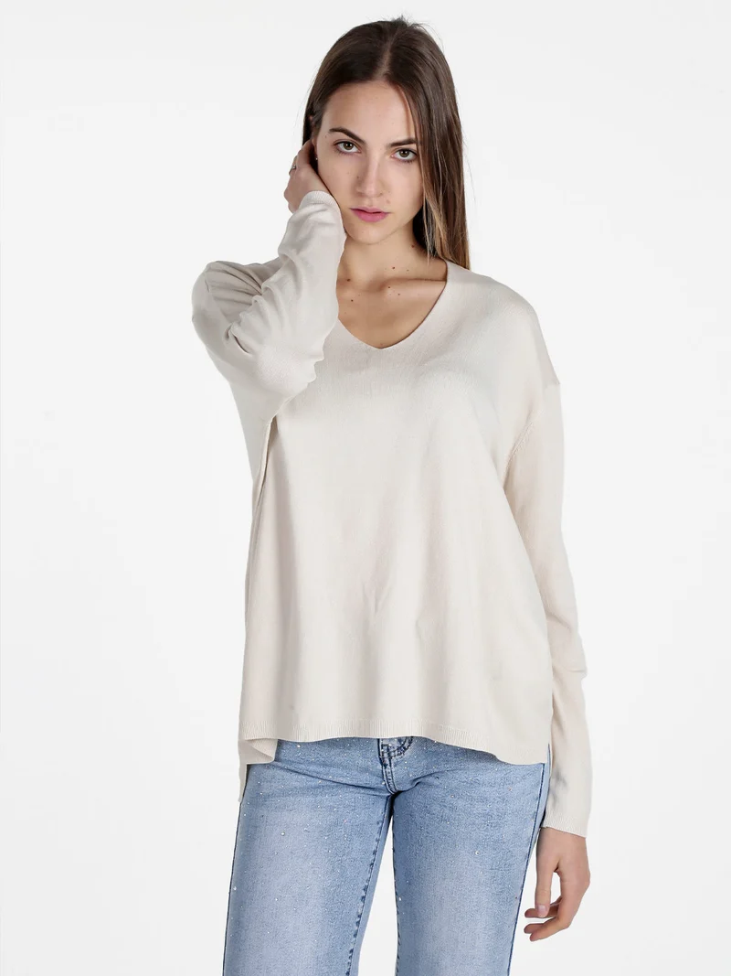 Pullover donna oversize in maglia scollo V - beige