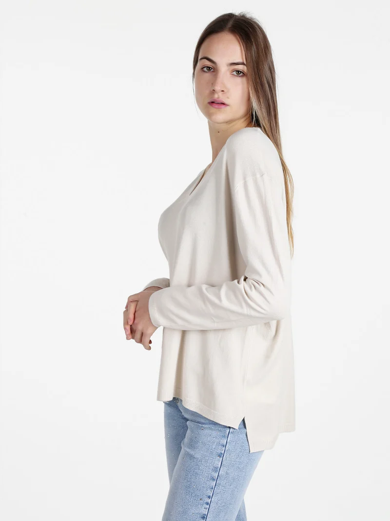 Pullover donna oversize in maglia scollo V - beige