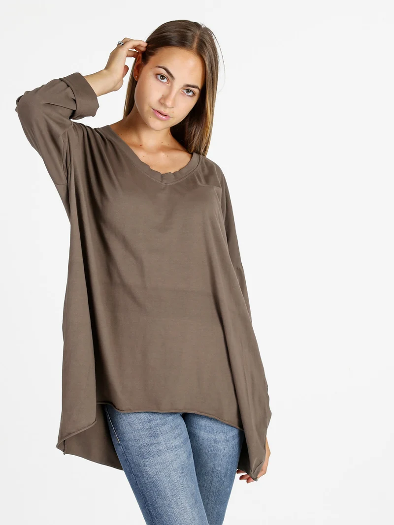 Maxi t-shirt donna in cotone a maniche lunghe - fango