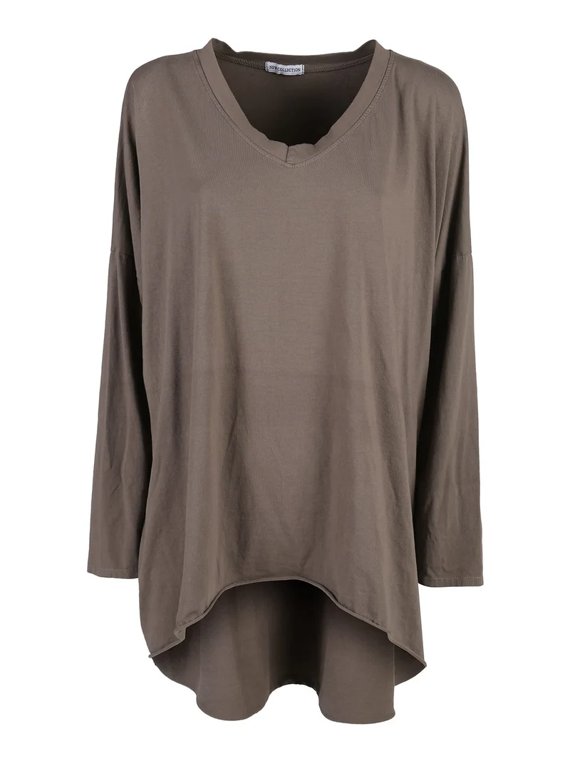 Maxi t-shirt donna in cotone a maniche lunghe - fango