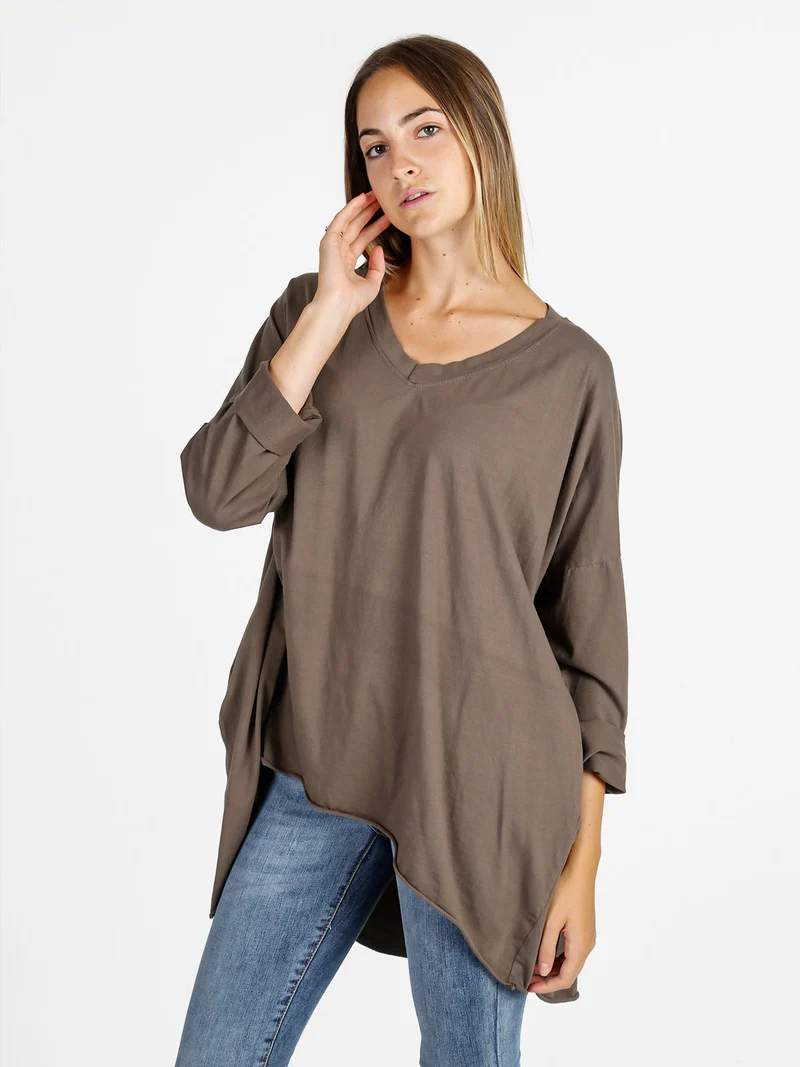 Maxi t-shirt donna in cotone a maniche lunghe - fango