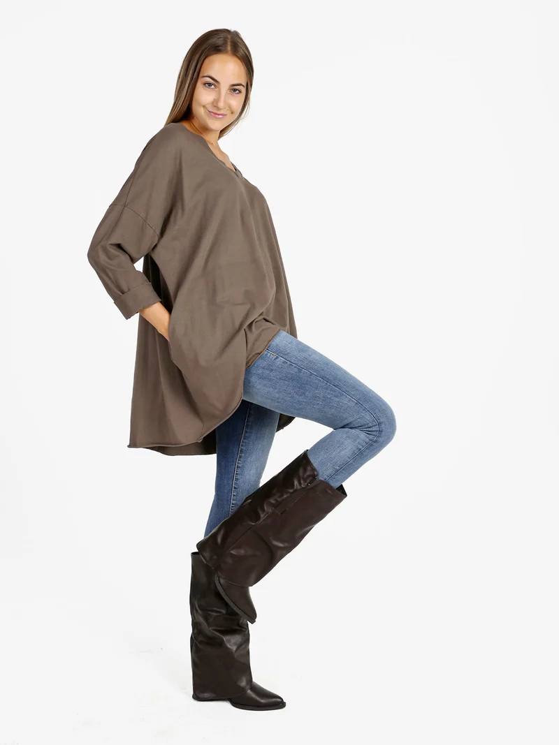 Maxi t-shirt donna in cotone a maniche lunghe - fango