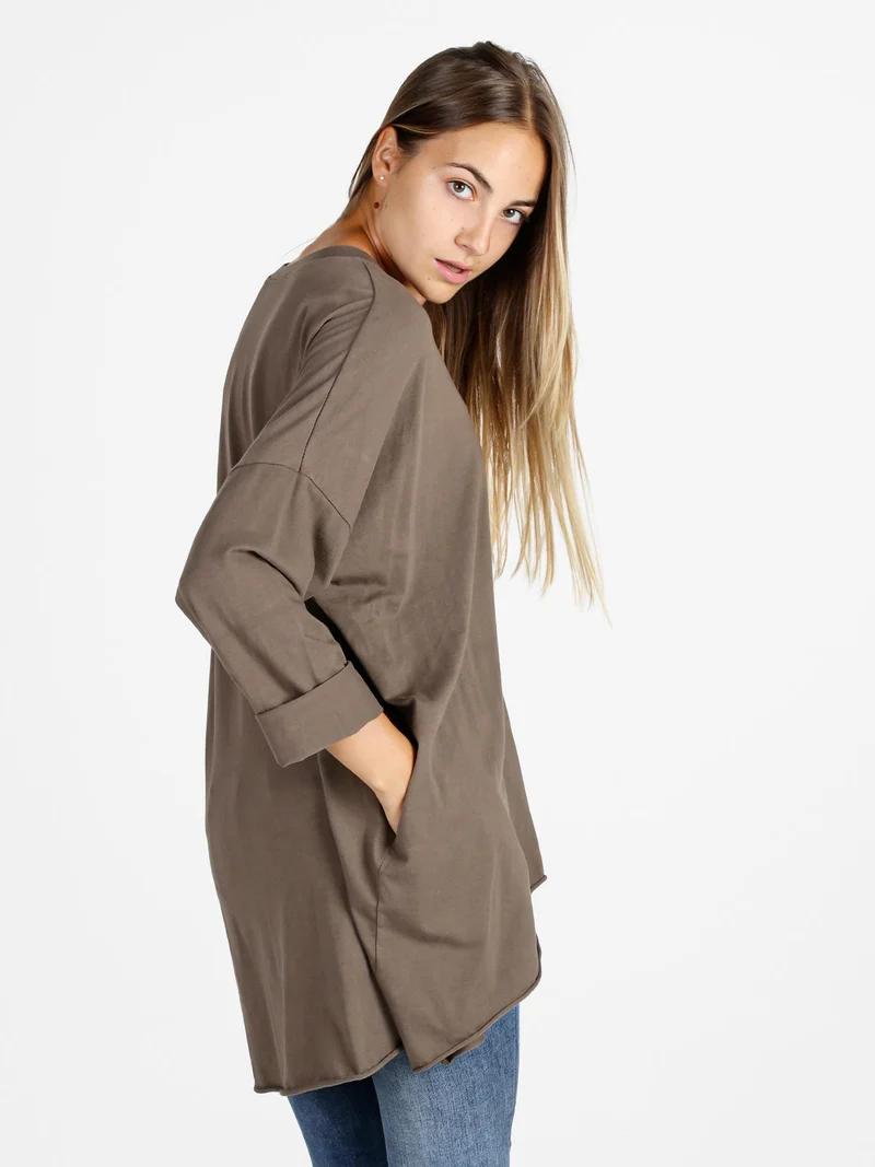 Maxi t-shirt donna in cotone a maniche lunghe - fango
