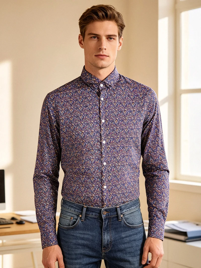 Camicia uomo fiorata a maniche lunghe semi slim fit - multicolore