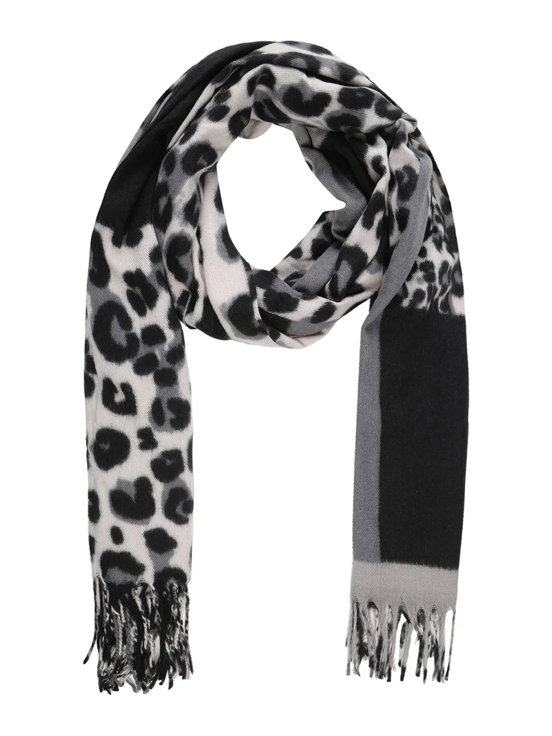 Sciarpa donna animalier con frange - nero