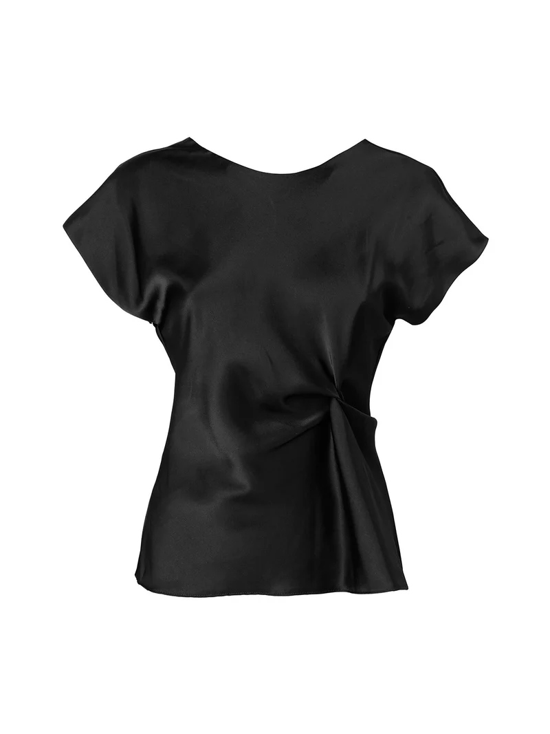 Blusa donna a maniche corte in tessuto effetto raso - nero