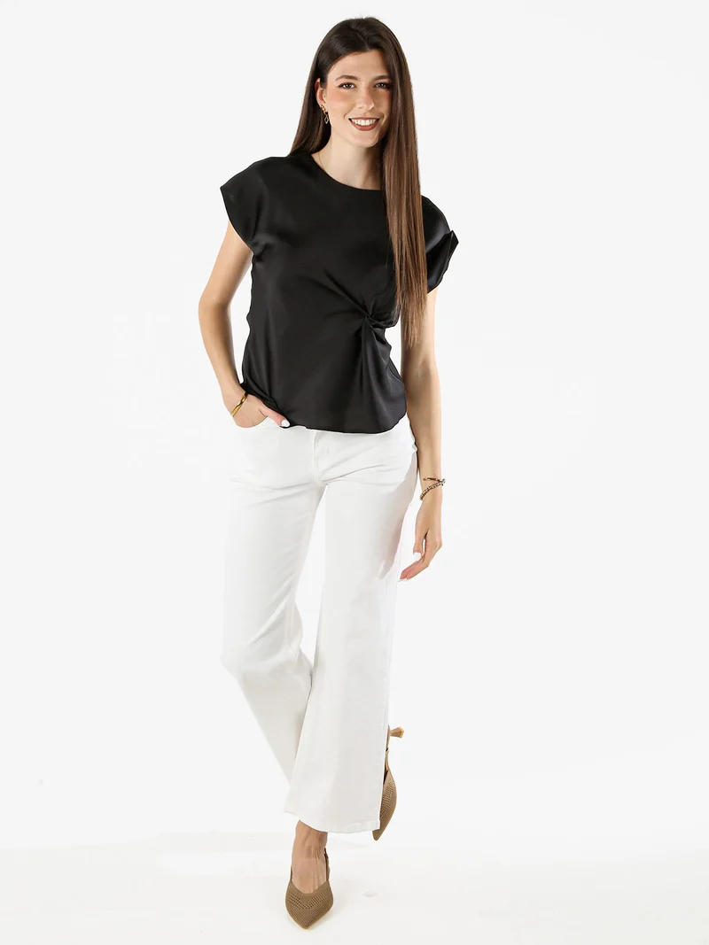 Blusa donna a maniche corte in tessuto effetto raso - nero
