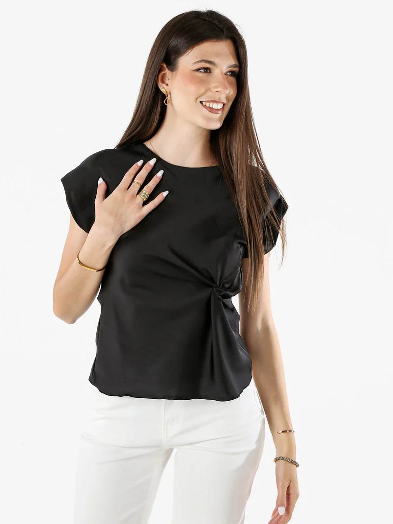 Blusa donna a maniche corte in tessuto effetto raso - nero