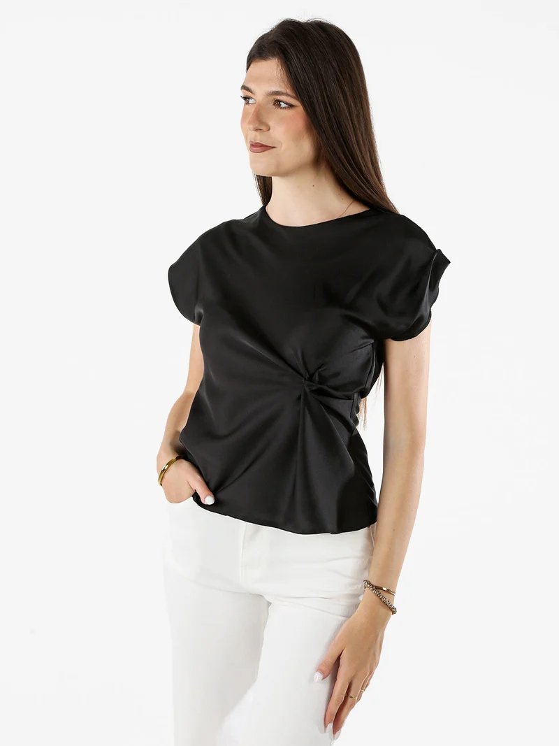 Blusa donna a maniche corte in tessuto effetto raso - nero