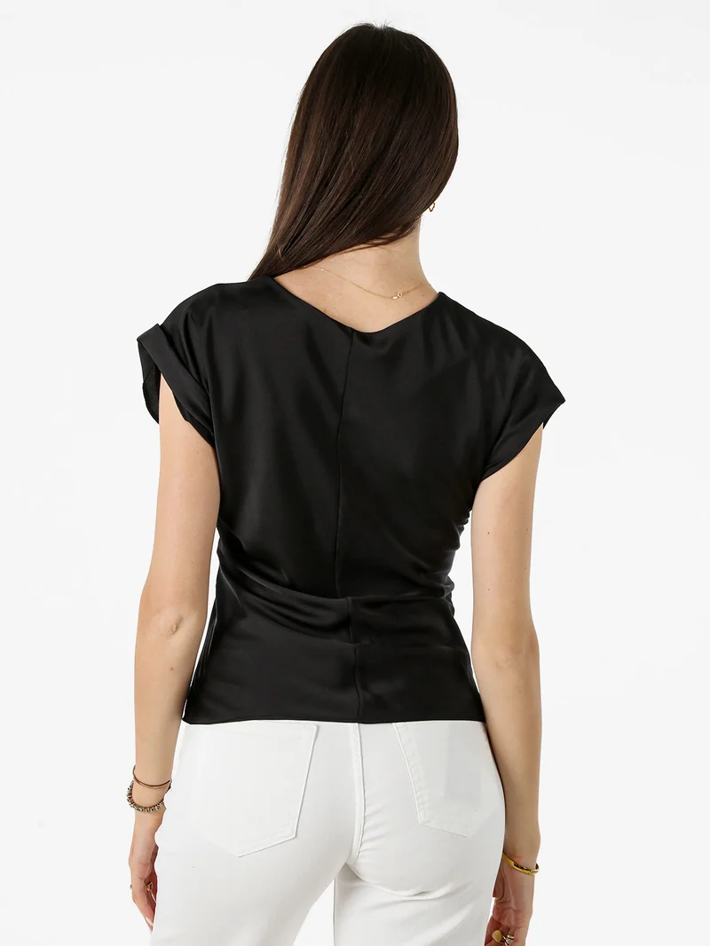 Blusa donna a maniche corte in tessuto effetto raso - nero
