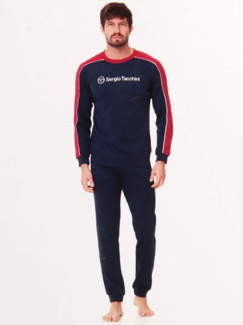 Pigiama girocollo da uomo in cotone interlock - blu scuro