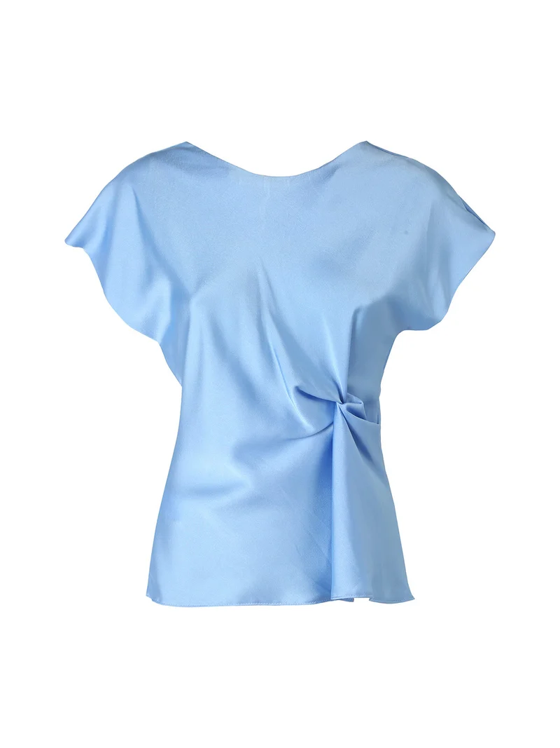 Blusa donna a maniche corte in tessuto effetto raso - azzurro