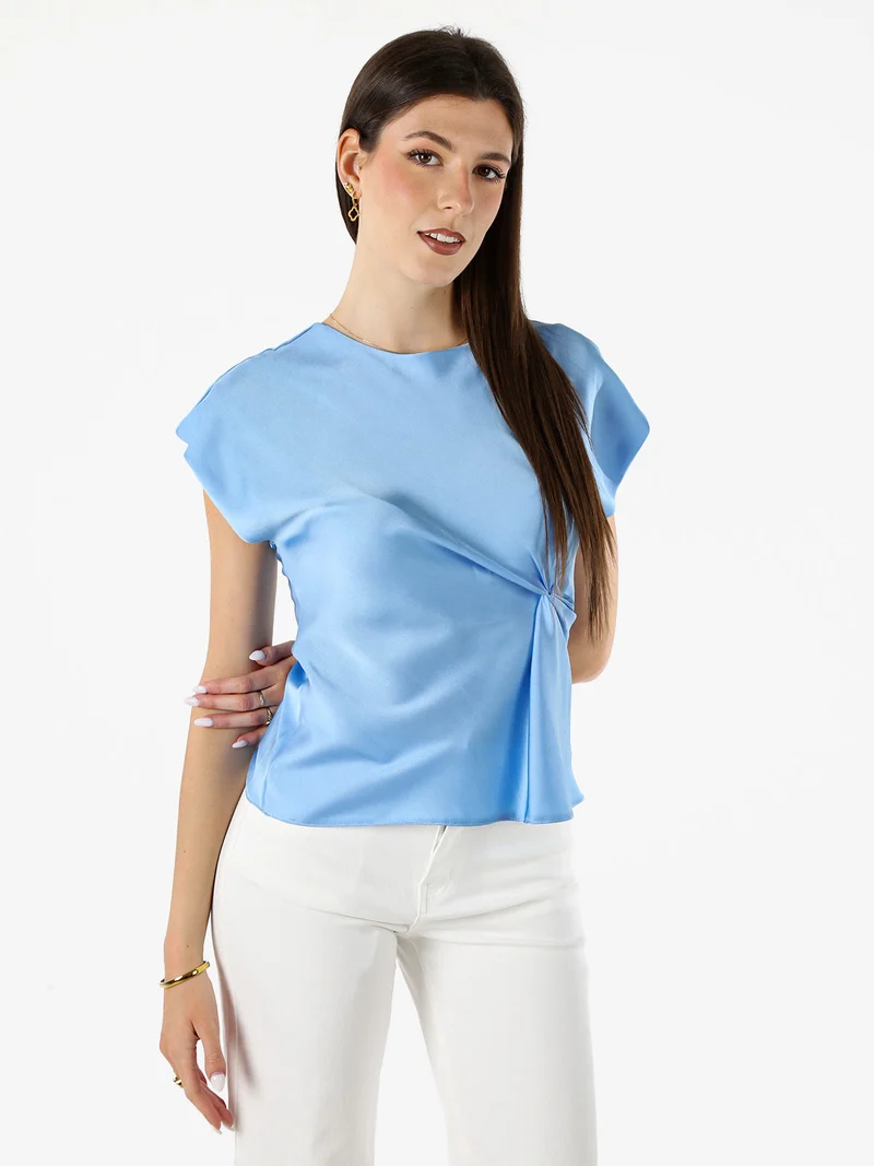 Blusa donna a maniche corte in tessuto effetto raso - azzurro