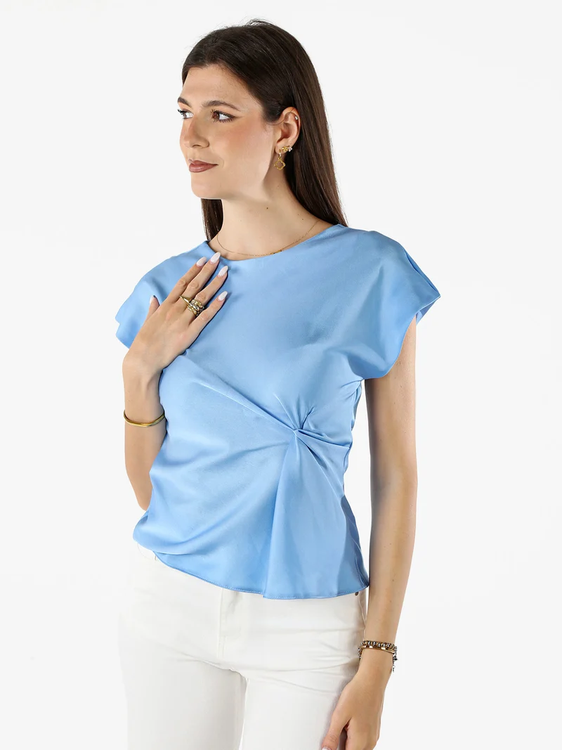 Blusa donna a maniche corte in tessuto effetto raso - azzurro