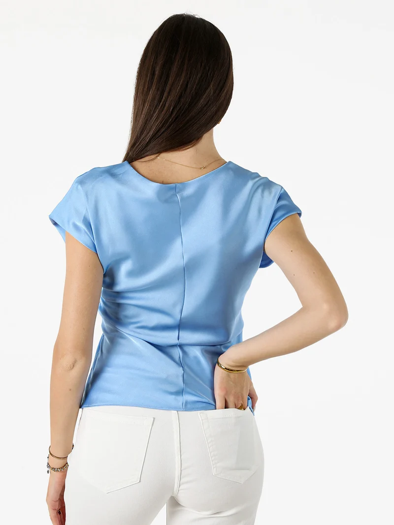 Blusa donna a maniche corte in tessuto effetto raso - azzurro
