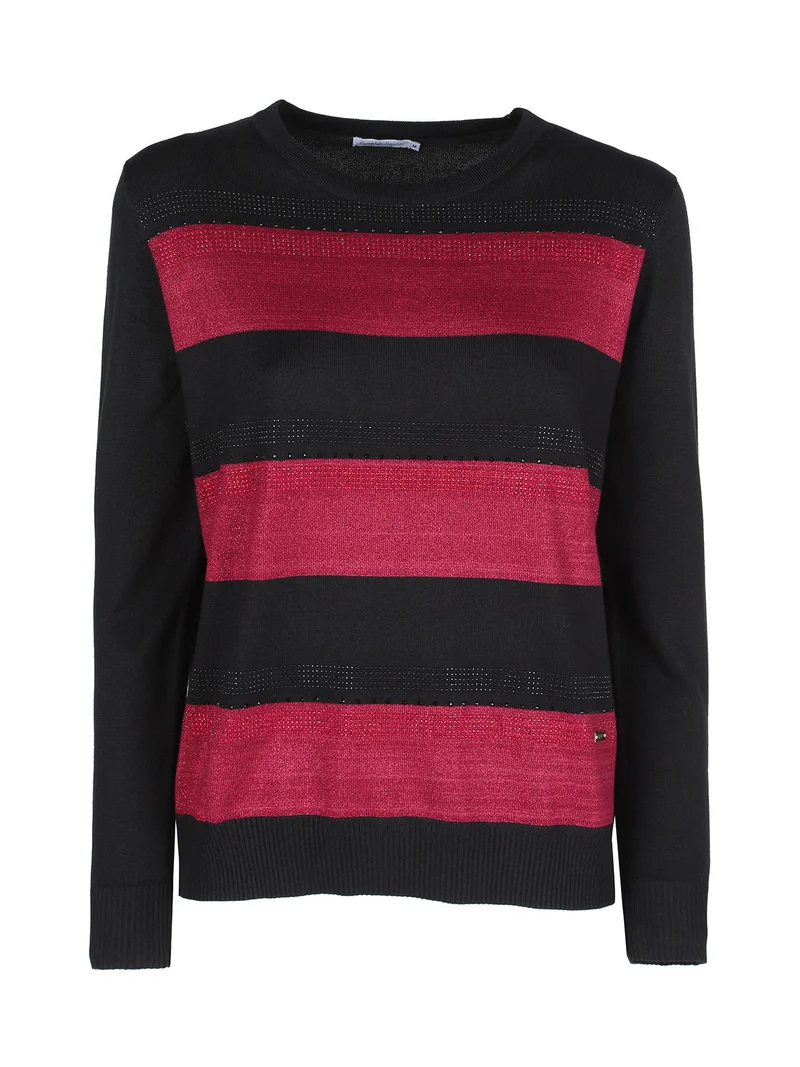 Pullover in maglia da donna a blocchi di colore con strass - nero