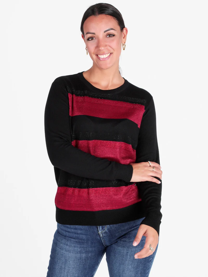 Pullover in maglia da donna a blocchi di colore con strass - nero