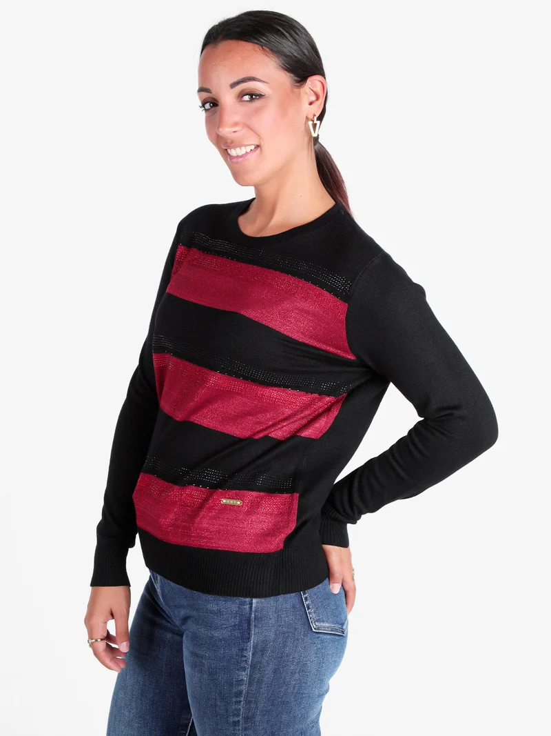 Pullover in maglia da donna a blocchi di colore con strass - nero