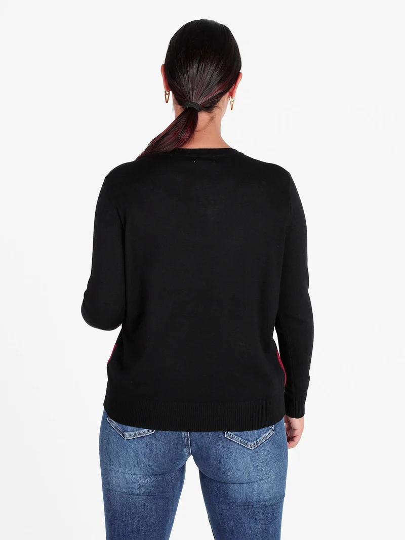 Pullover in maglia da donna a blocchi di colore con strass - nero