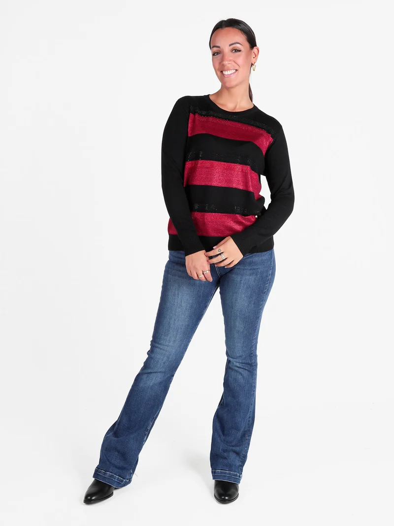 Pullover in maglia da donna a blocchi di colore con strass - nero