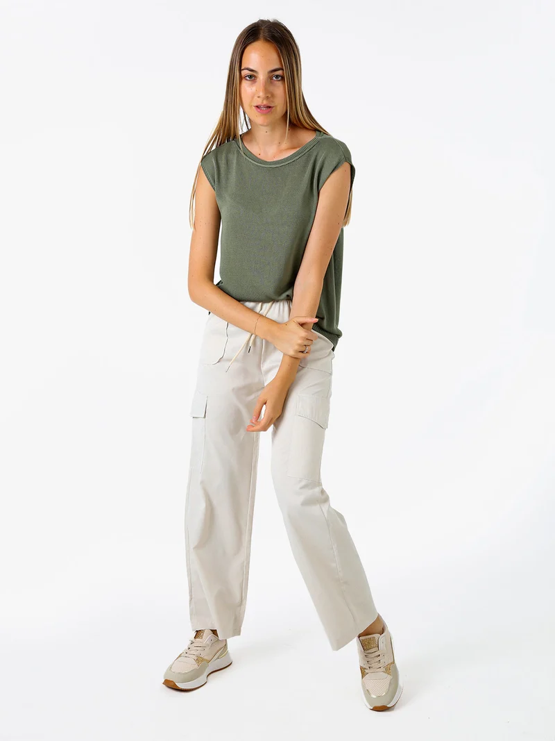 Pantaloni donna a gamba larga con tasconi laterali e coulisse - beige