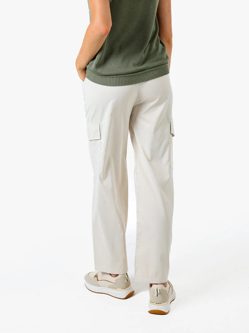 Pantaloni donna a gamba larga con tasconi laterali e coulisse - beige