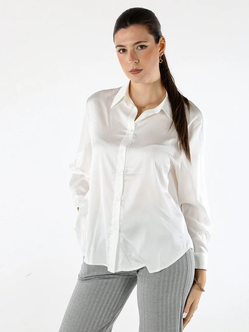 Camicia donna a maniche lunghe in tessuto simil raso - bianco
