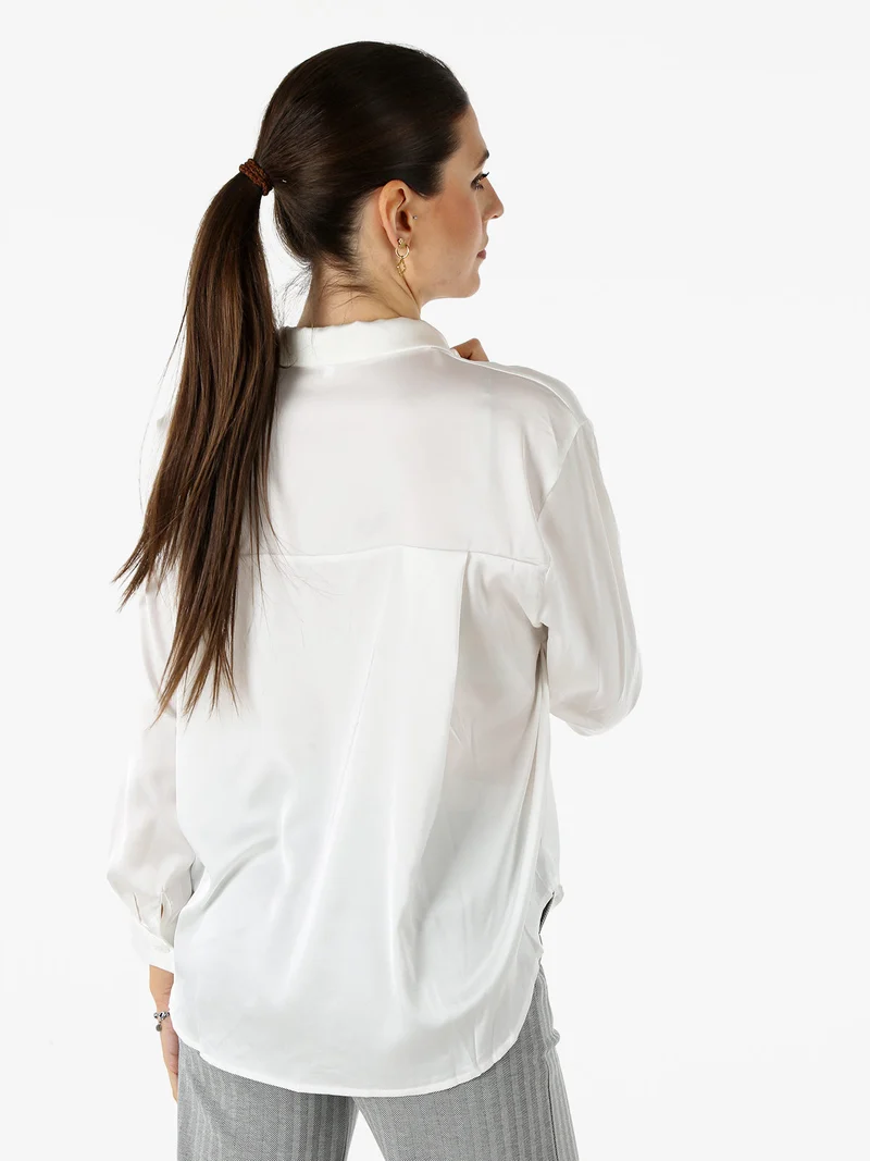 Camicia donna a maniche lunghe in tessuto simil raso - bianco