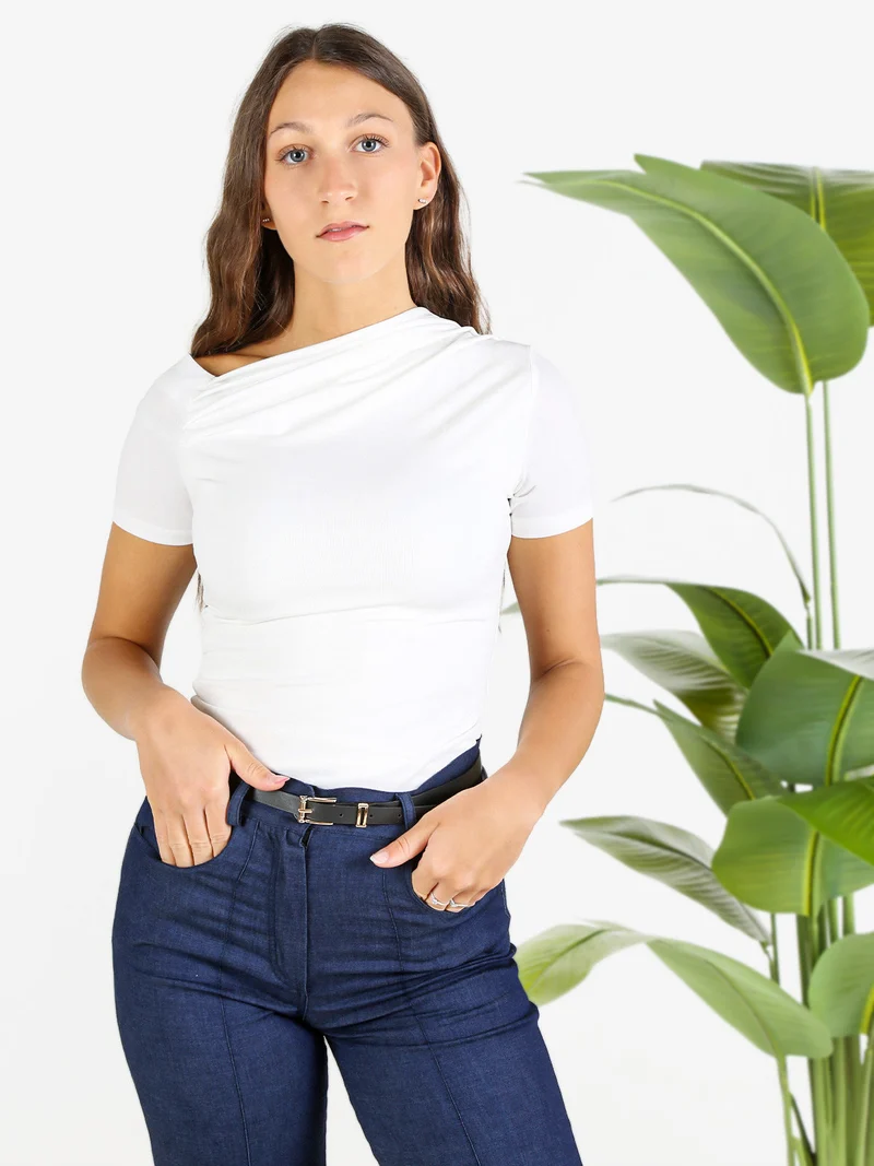 T-shirt donna con scollo drappeggiato - bianco