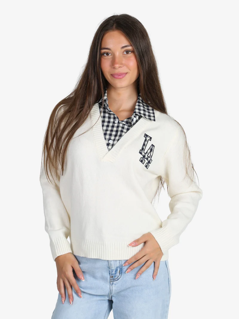Maglione donna oversize con collo a camicia - panna
