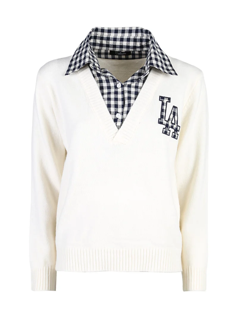 Maglione donna oversize con collo a camicia - panna