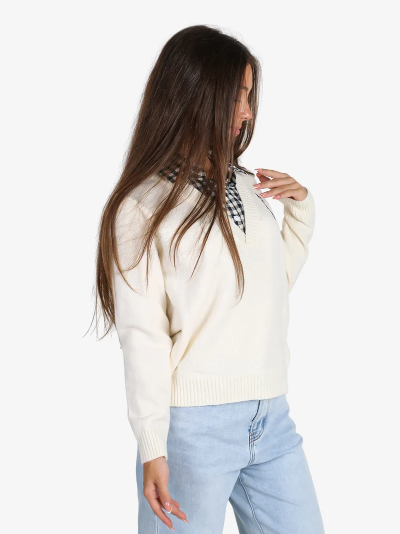 Maglione donna oversize con collo a camicia - panna