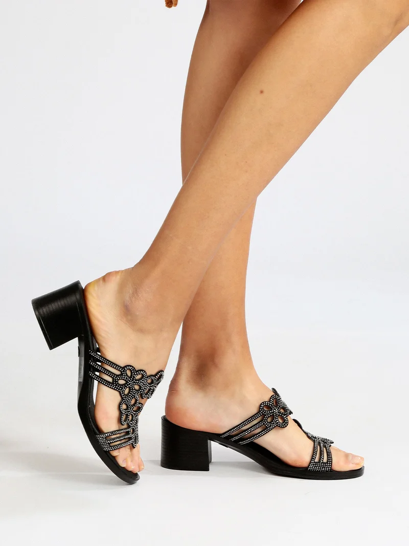 Ciabatte donna con tacco e strass - nero