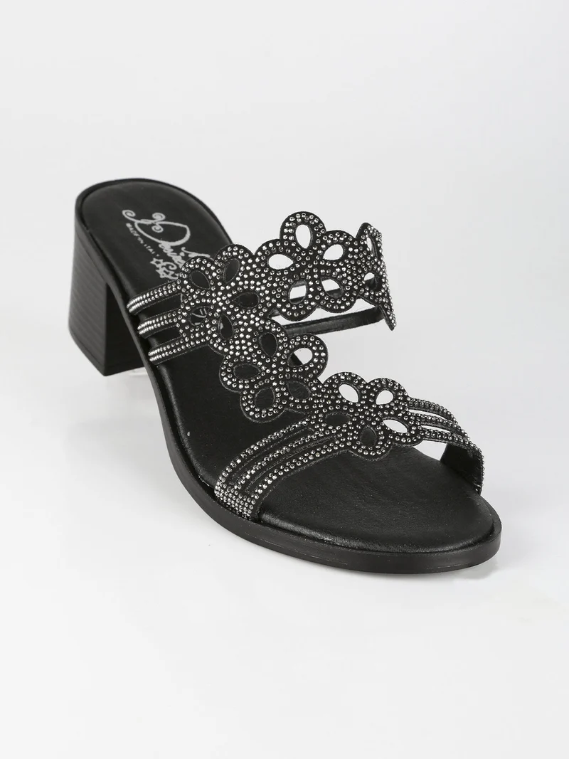 Ciabatte donna con tacco e strass - nero