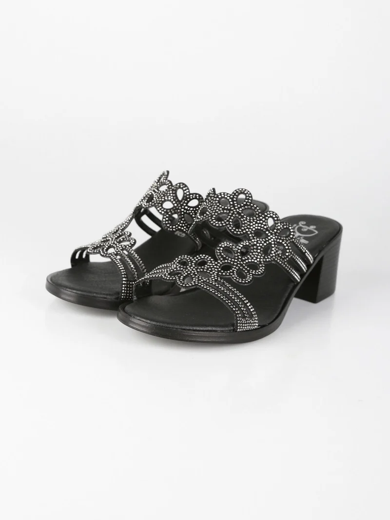 Ciabatte donna con tacco e strass - nero