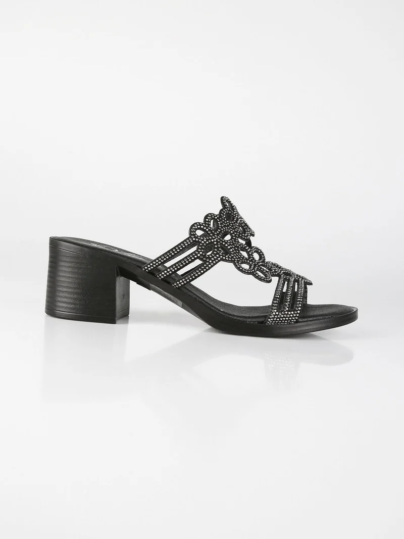 Ciabatte donna con tacco e strass - nero